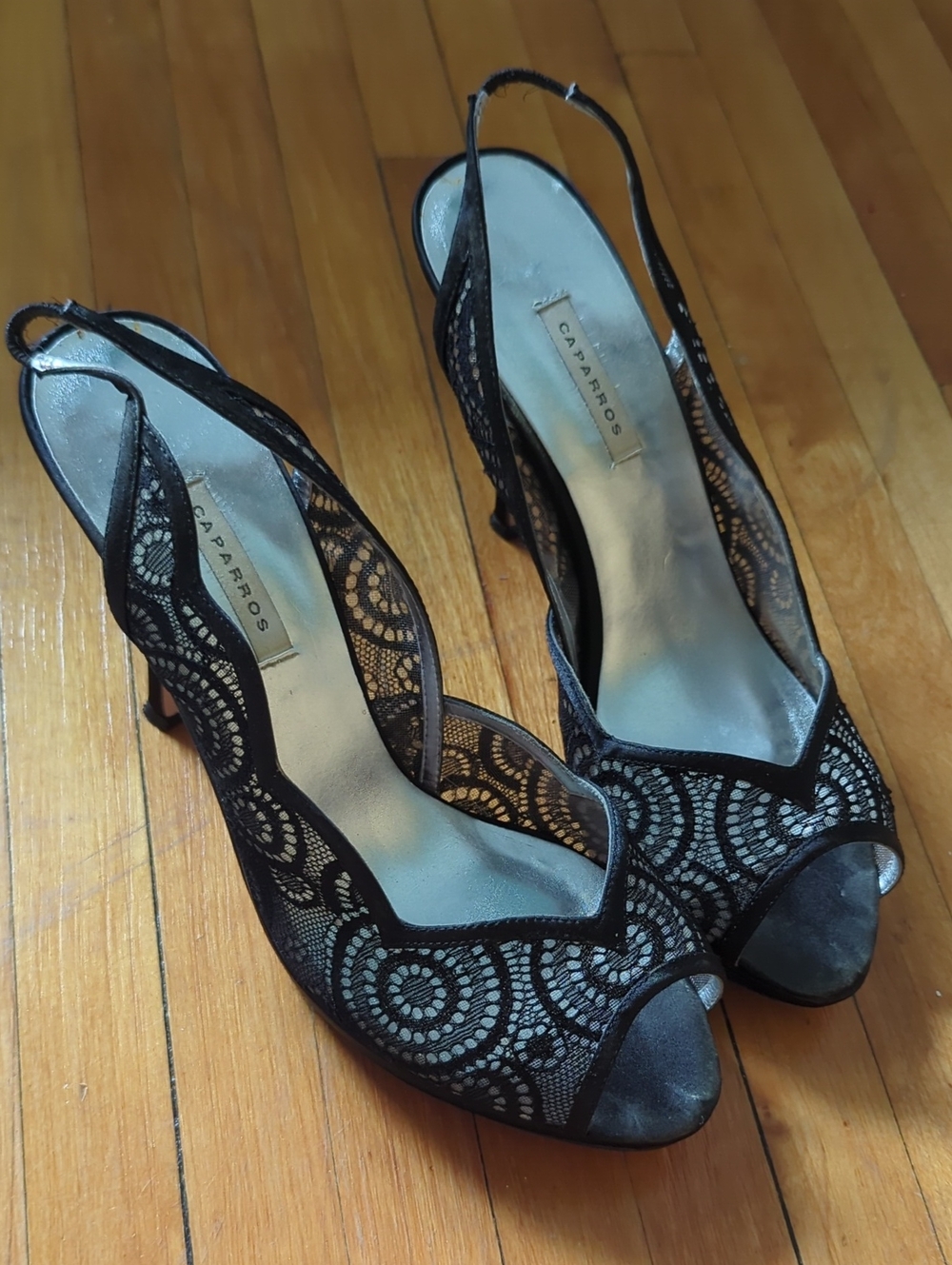 Caparros Women's Black Lace Peep-Toe Slingback Heels